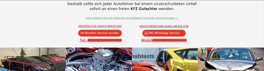 Eine unseriös wirkende Website eines Kfz-Gutachters mit vielen Elementen